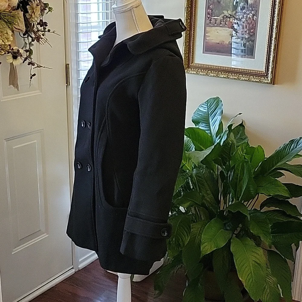 Tanming black double breasted wool pea coat trench coat jacket hood Small New …